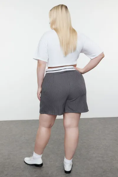 Trendyol Curve Anthracite Waist Belt Detailed Mini Striped Woven Shorts Skirt