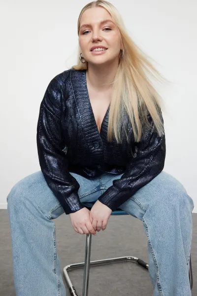 Trendyol Curve Navy Blue Coated Shiny/Gold Knitted Sweater Cardigan