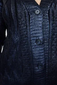 Trendyol Curve Navy Blue Coated Shiny/Gold Knitted Sweater Cardigan