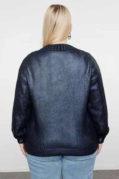 Trendyol Curve Navy Blue Coated Shiny/Gold Knitted Sweater Cardigan