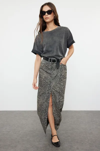 Trendyol Multicolored Leopard Patterned Brown Midi Denim Skirt