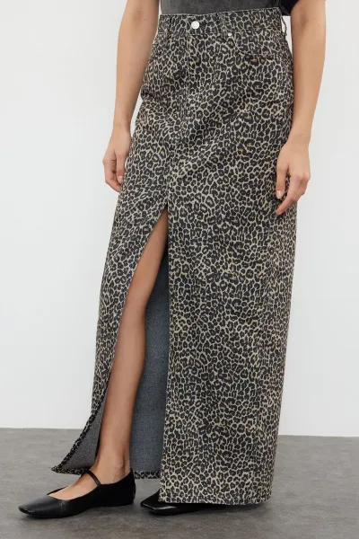 Trendyol Multicolored Leopard Patterned Brown Midi Denim Skirt