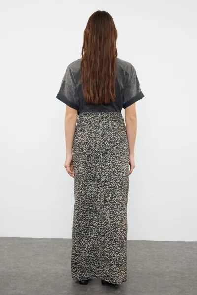 Trendyol Multicolored Leopard Patterned Brown Midi Denim Skirt