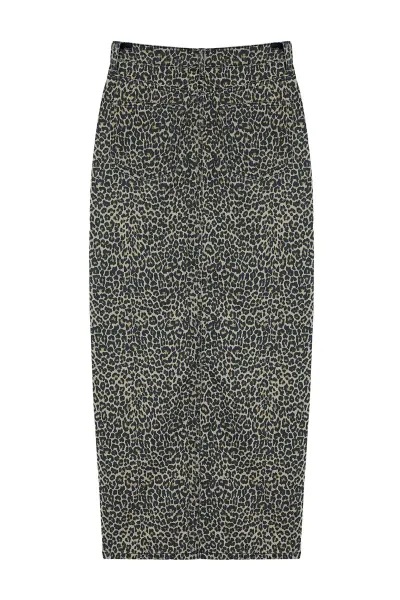 Trendyol Multicolored Leopard Patterned Brown Midi Denim Skirt