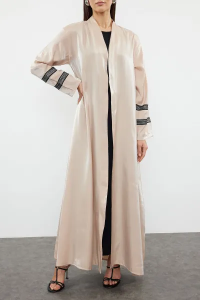 Trendyol Beige Embroidered Shiny Long Woven Cap & Abaya & Abaya