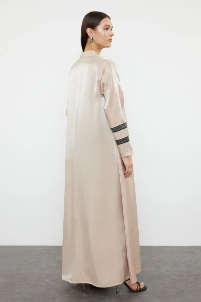 Trendyol Beige Embroidered Shiny Long Woven Cap & Abaya & Abaya