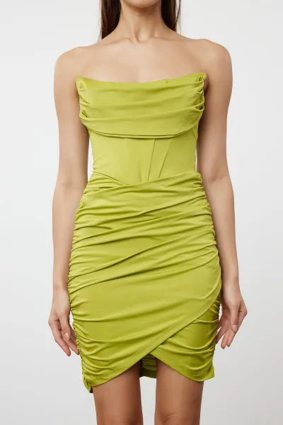 Trendyol Light Green Fitted Lined Corset Detailed Knitted Short Evening Dress Night Dress