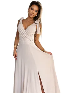 405-6 ELENA Long dress with a neckline and ties on the shoulders - beige with glitter