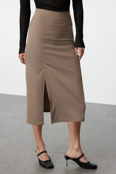 Trendyol Dark Beige Slit Detailed Ederli Fabric Midi Length Woven Skirt
