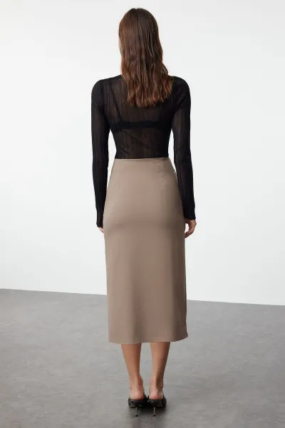 Trendyol Dark Beige Slit Detailed Ederli Fabric Midi Length Woven Skirt
