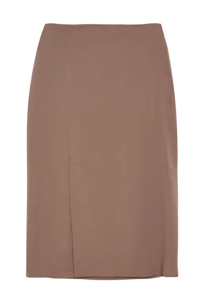 Trendyol Dark Beige Slit Detailed Ederli Fabric Midi Length Woven Skirt