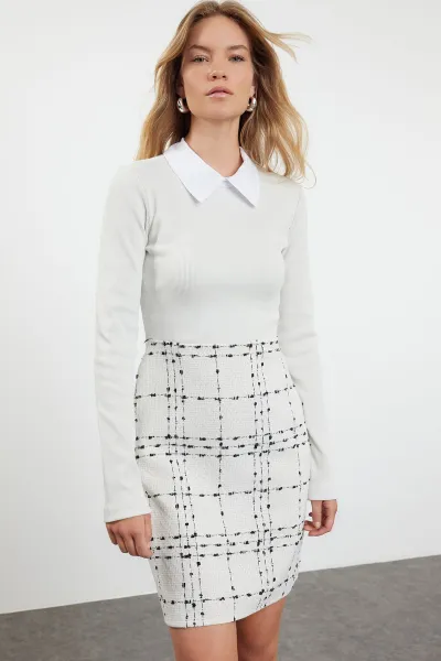 Trendyol Ecru Plaid / Checkered Knit Detailed Mini Woven Dress