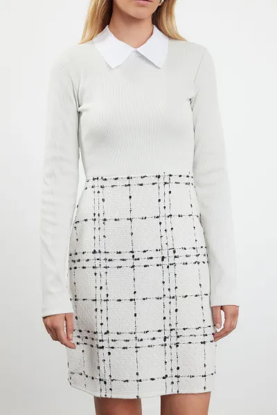 Trendyol Ecru Plaid / Checkered Knit Detailed Mini Woven Dress
