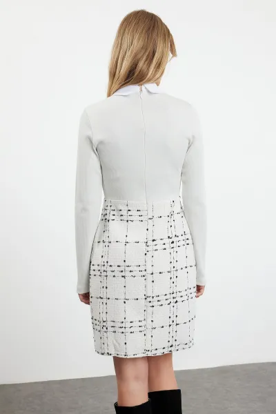 Trendyol Ecru Plaid / Checkered Knit Detailed Mini Woven Dress