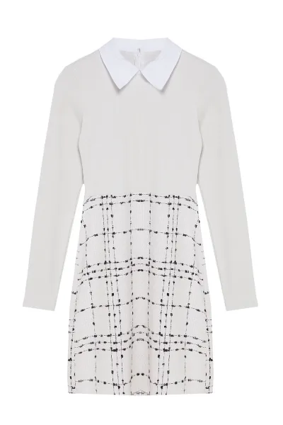 Trendyol Ecru Plaid / Checkered Knit Detailed Mini Woven Dress
