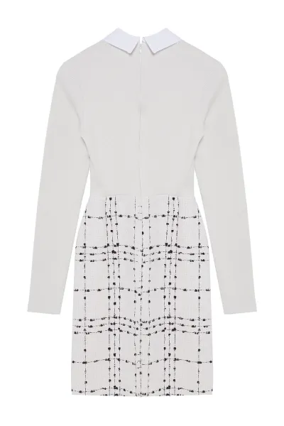 Trendyol Ecru Plaid / Checkered Knit Detailed Mini Woven Dress