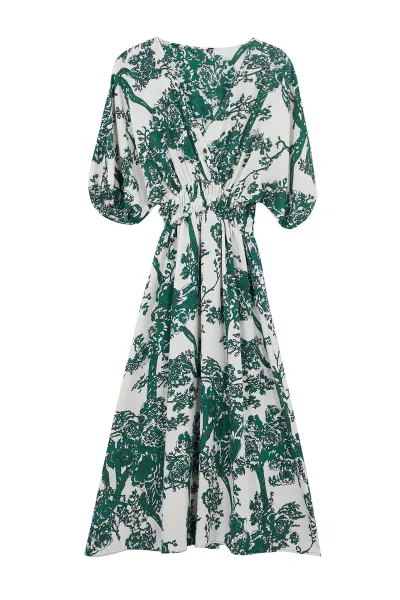 Trendyol Green Floral A-Line Double-Breasted Midi Woven Dress