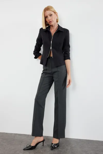 Trendyol Anthracite Ribbed Detailed Straight Cut Woven Fabric Trousers