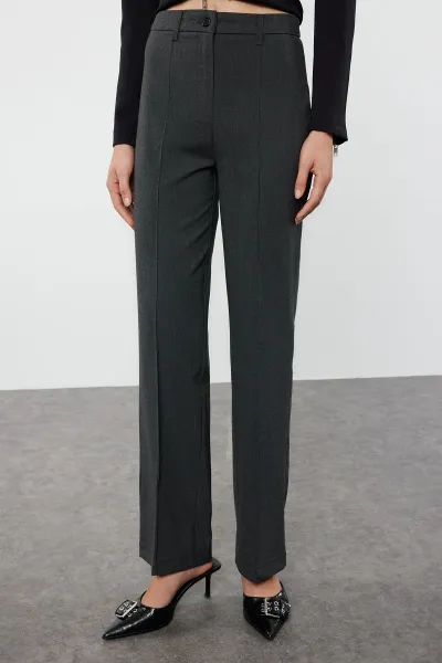 Trendyol Anthracite Ribbed Detailed Straight Cut Woven Fabric Trousers