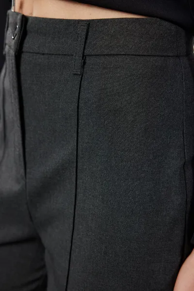 Trendyol Anthracite Ribbed Detailed Straight Cut Woven Fabric Trousers