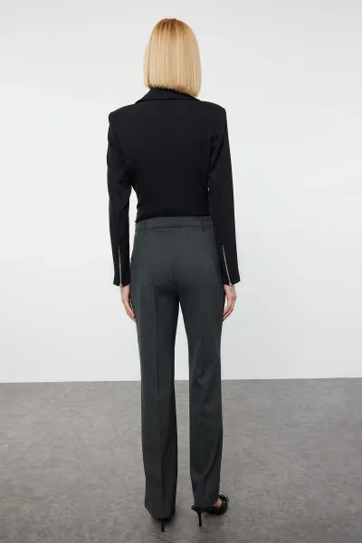 Trendyol Anthracite Ribbed Detailed Straight Cut Woven Fabric Trousers
