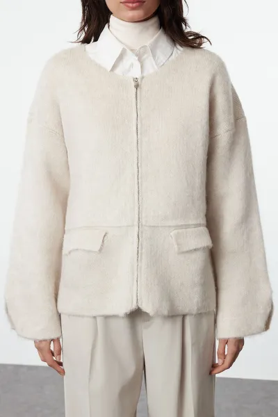 Trendyol Stone Soft Textured Coat Knitwear Cardigan