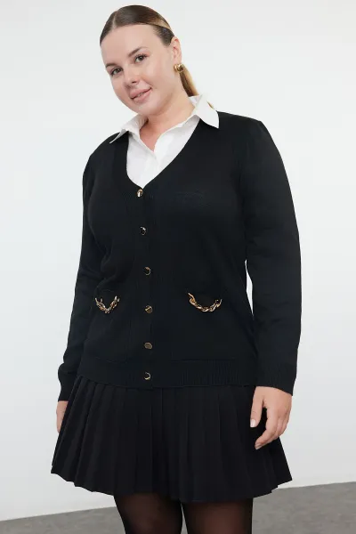 Trendyol Curve Black Chain Detailed Pocket V-Neck Knitwear Cardigan