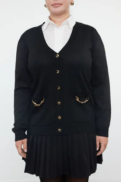 Trendyol Curve Black Chain Detailed Pocket V-Neck Knitwear Cardigan
