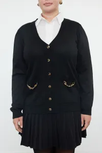 Trendyol Curve Black Chain Detailed Pocket V-Neck Knitwear Cardigan