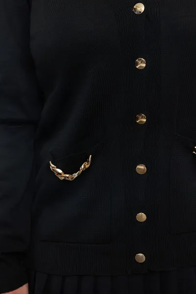 Trendyol Curve Black Chain Detailed Pocket V-Neck Knitwear Cardigan