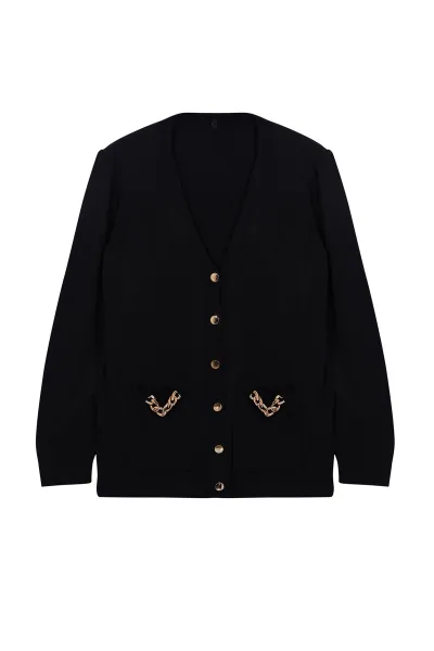 Trendyol Curve Black Chain Detailed Pocket V-Neck Knitwear Cardigan