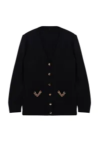 Trendyol Curve Black Chain Detailed Pocket V-Neck Knitwear Cardigan