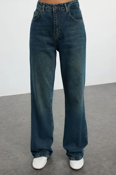 Trendyol Navy Blue High Waist Wide Leg Jeans