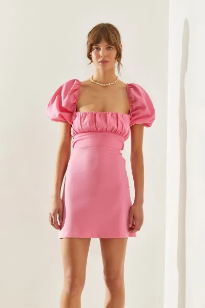 Bianco Lucci Women's Drape Collar Back Tie Detail Watermelon Sleeve Mini Dress