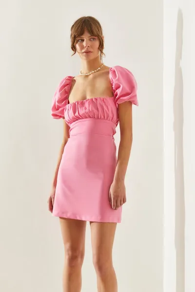 Bianco Lucci Women's Drape Collar Back Tie Detail Watermelon Sleeve Mini Dress