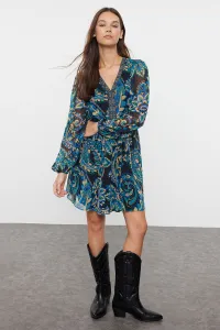 Trendyol Green Floral Patterned Waist Opening Gipel Lined Mini Woven Dress
