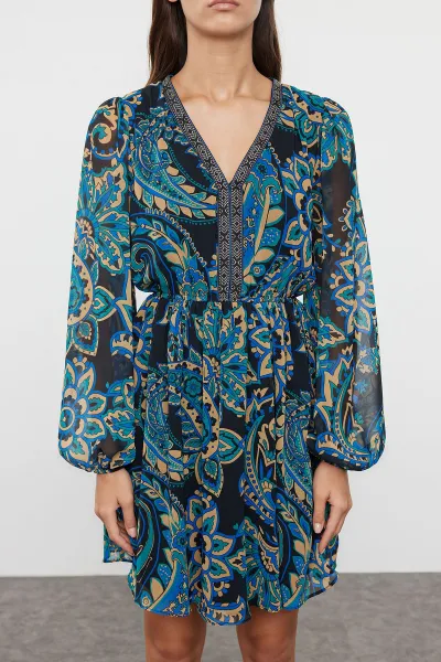 Trendyol Green Floral Patterned Waist Opening Gipel Lined Mini Woven Dress