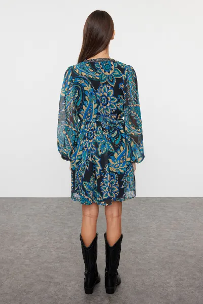 Trendyol Green Floral Patterned Waist Opening Gipel Lined Mini Woven Dress