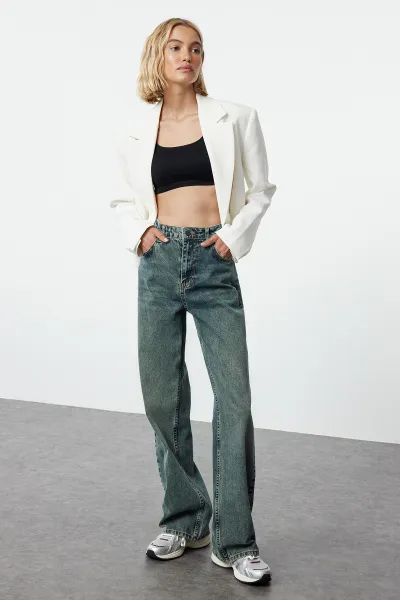 Trendyol Dark Blue Faded Effect Vintage High Waist Wide Leg Jeans