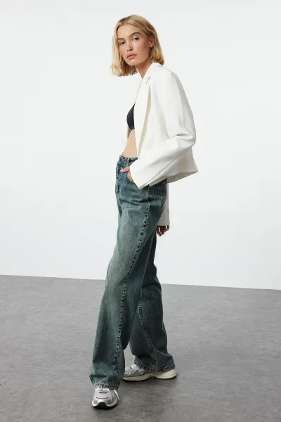 Trendyol Dark Blue Faded Effect Vintage High Waist Wide Leg Jeans