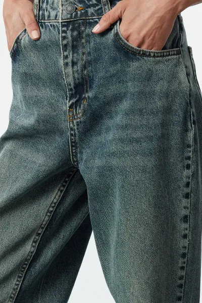 Trendyol Dark Blue Faded Effect Vintage High Waist Wide Leg Jeans
