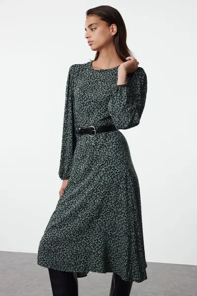 Trendyol Khaki Animal Midi Woven Dress