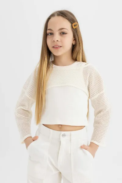 DEFACTO Girl's Relax Fit Crew Neck Ribbed Long Sleeve T-Shirt
