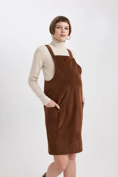 DEFACTO Regular Fit Velvet Mini Maternity Overall Dress