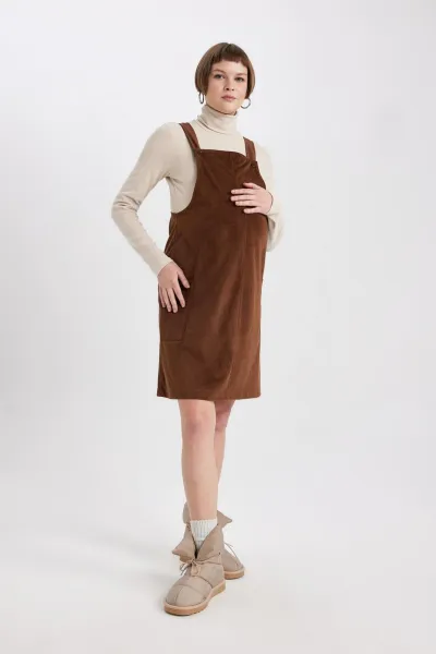 DEFACTO Regular Fit Velvet Mini Maternity Overall Dress
