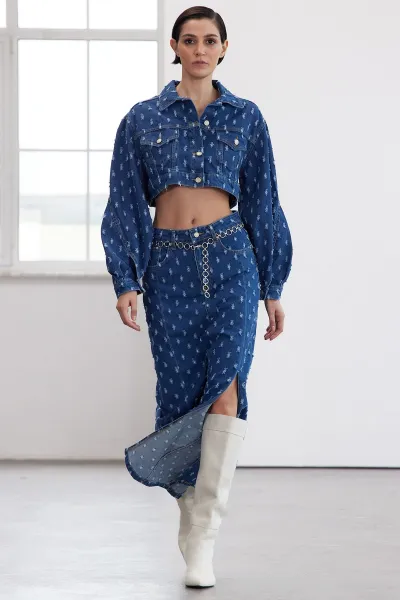 Trendyol Limited Edition Blue Textured Slit Maxi Denim Skirt