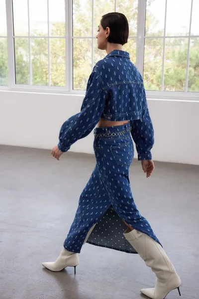 Trendyol Limited Edition Blue Textured Slit Maxi Denim Skirt