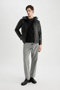 DEFACTO Slim Fit Faux Leather Jacket Coat Slim Cut Hooded Zippered Pocket Seasonal