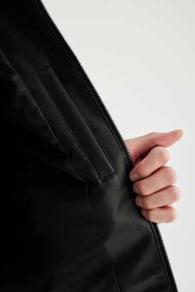 DEFACTO Slim Fit Faux Leather Jacket Coat Slim Cut Hooded Zippered Pocket Seasonal
