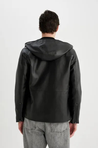 DEFACTO Slim Fit Faux Leather Jacket Coat Slim Cut Hooded Zippered Pocket Seasonal